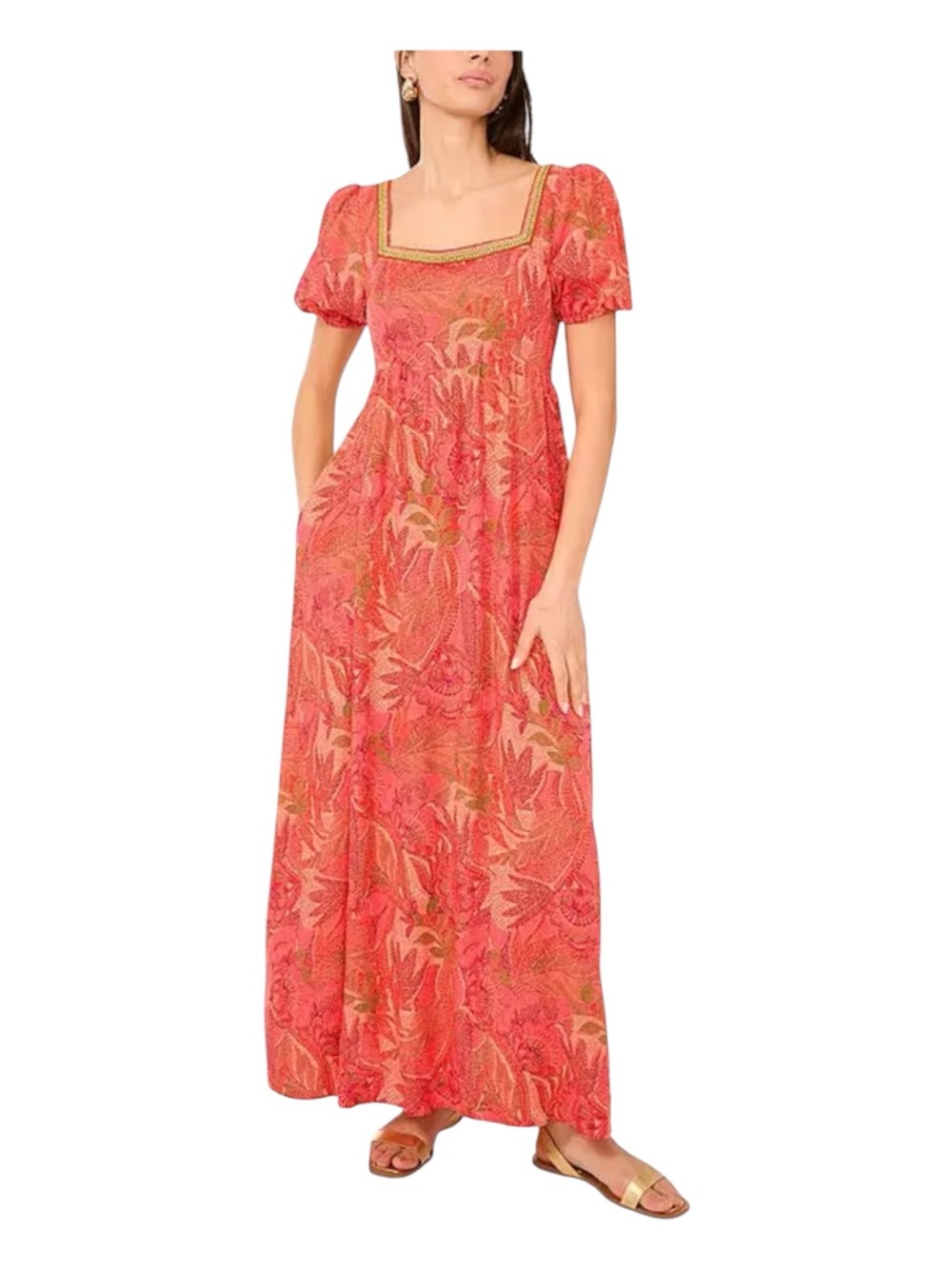 Vince Camuto Floral Maxi Dress Large Orange Pink Puff Sleeve Boho Rayon